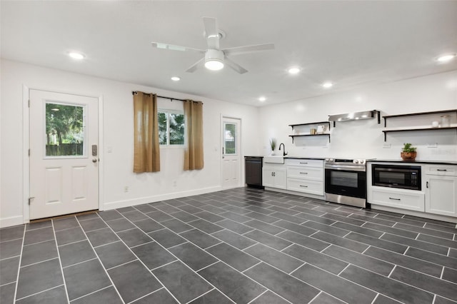 kitchen featuring black appliances, white cabinetry, range hood, and ceiling fan