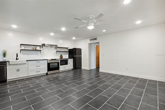 kitchen featuring exhaust hood, ceiling fan, white cabinetry, black appliances, and sink