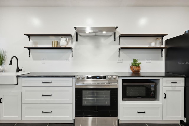 kitchen with sink, white cabinets, stainless steel range with electric stovetop, and range hood