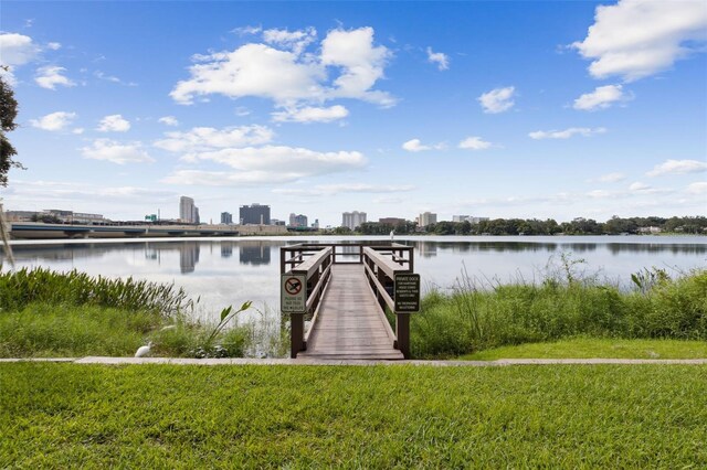 dock area with a yard and a water view