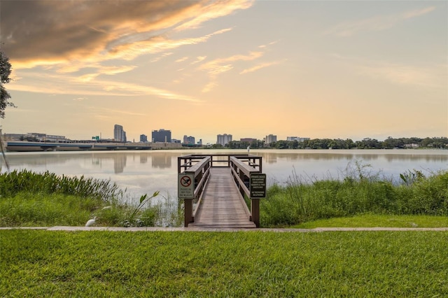 dock area featuring a yard and a water view