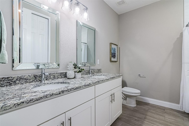 bathroom featuring vanity, hardwood / wood-style flooring, and toilet