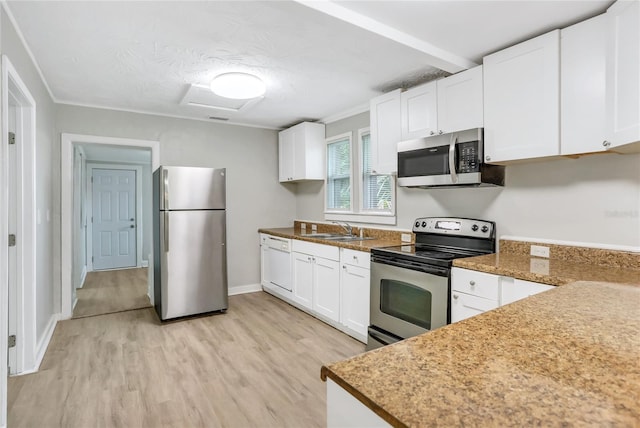 kitchen featuring white cabinetry, light wood-type flooring, ornamental molding, sink, and stainless steel appliances