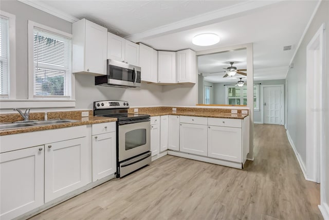 kitchen featuring white cabinets, ceiling fan, light wood-type flooring, sink, and stainless steel appliances