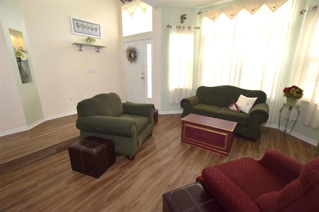 living room featuring a towering ceiling and hardwood / wood-style floors