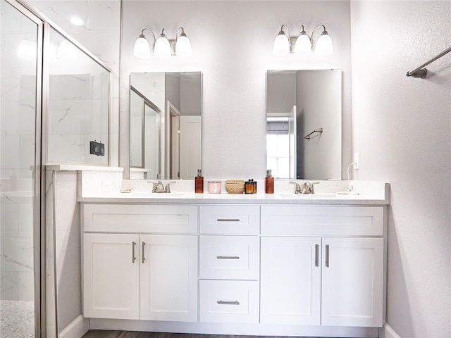 bathroom with vanity and a shower with shower door