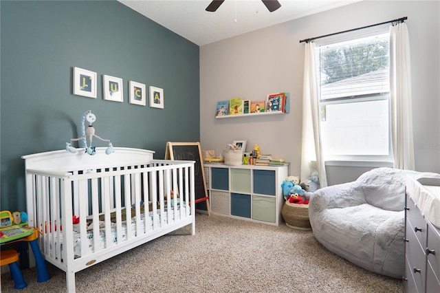 bedroom featuring carpet floors and ceiling fan