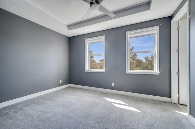 spare room with carpet flooring, ceiling fan, and a raised ceiling