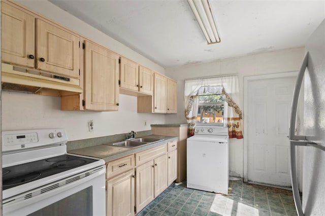 kitchen with light brown cabinets, washer / clothes dryer, stainless steel refrigerator, electric stove, and sink