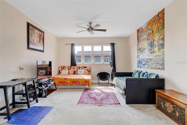 living room with ceiling fan and carpet flooring