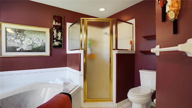 full bathroom with a stall shower, a garden tub, toilet, and recessed lighting