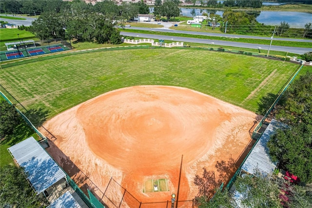 birds eye view of property featuring a water view