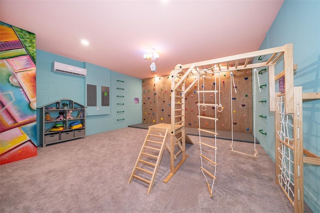 interior space featuring carpet, electric panel, and a wall mounted air conditioner