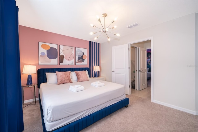 bedroom featuring light carpet and a chandelier