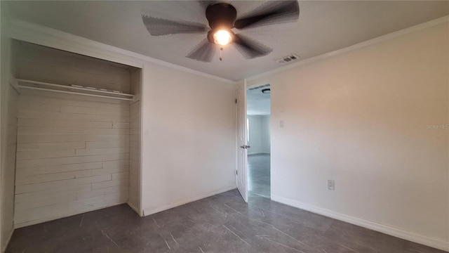 unfurnished bedroom featuring ceiling fan, ornamental molding, and a closet