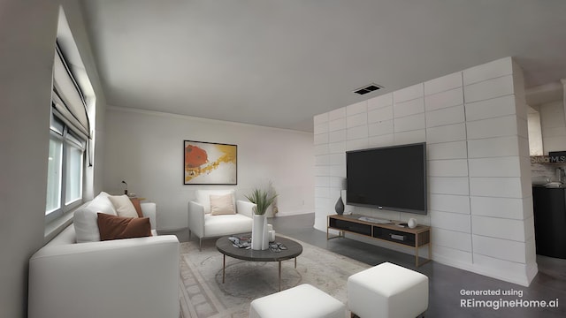 living room with concrete flooring