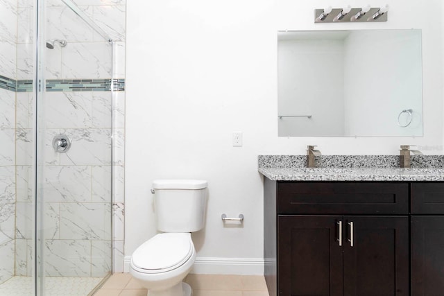 bathroom with vanity, tile patterned flooring, toilet, and walk in shower