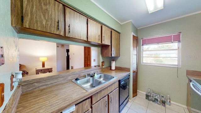 kitchen with black dishwasher, sink, light tile patterned flooring, stainless steel stove, and crown molding