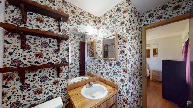 bathroom featuring vanity, hardwood / wood-style flooring, and toilet