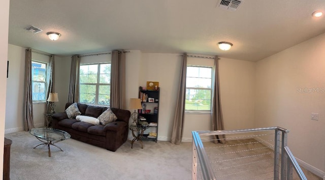 living room with light carpet, a healthy amount of sunlight, and a textured ceiling