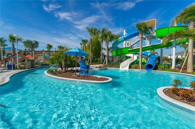 view of pool featuring a water slide