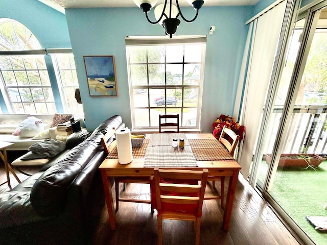 dining space with an inviting chandelier, a healthy amount of sunlight, and wood-type flooring