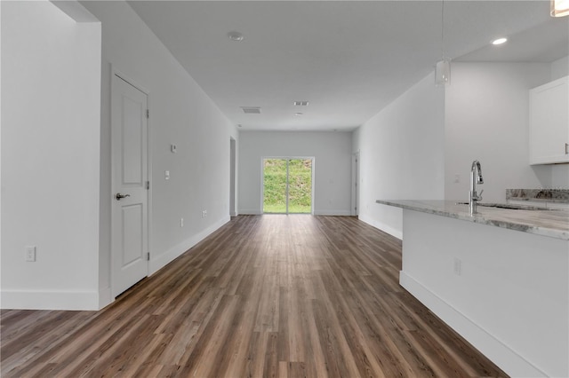 unfurnished living room with sink and dark wood-type flooring