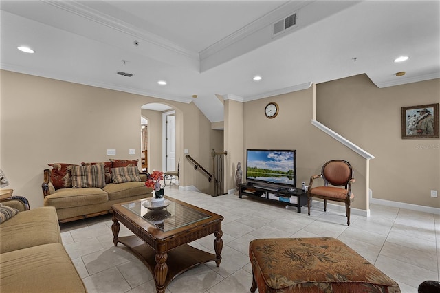 tiled living room featuring ornamental molding