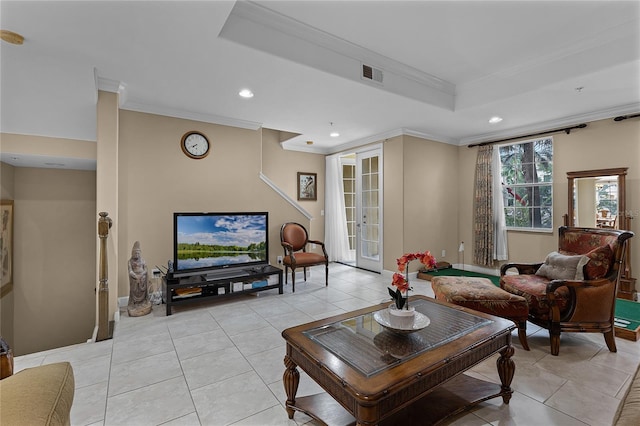 tiled living room with ornamental molding