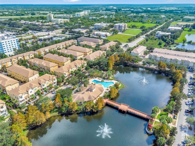 bird's eye view with a water view