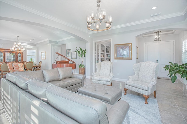 tiled living room featuring ornamental molding