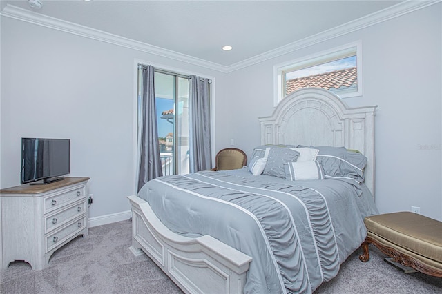 bedroom featuring ornamental molding and light colored carpet