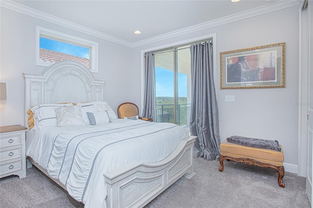 carpeted bedroom with access to outside and ornamental molding