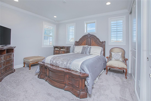 carpeted bedroom with crown molding