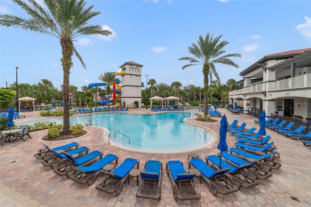 view of pool with a gazebo and a patio area