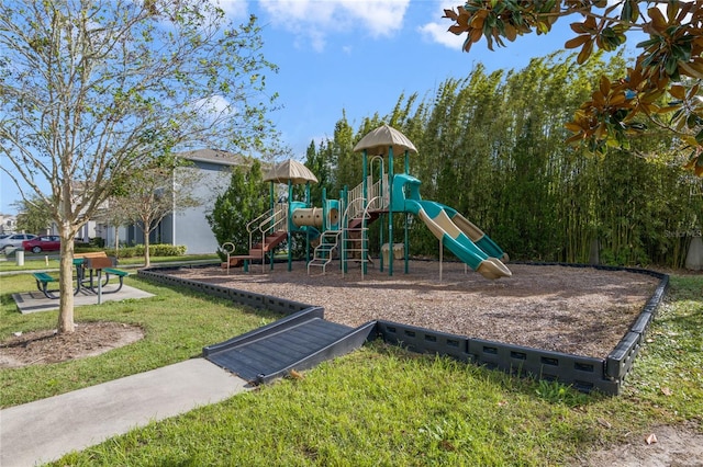 view of jungle gym featuring a yard