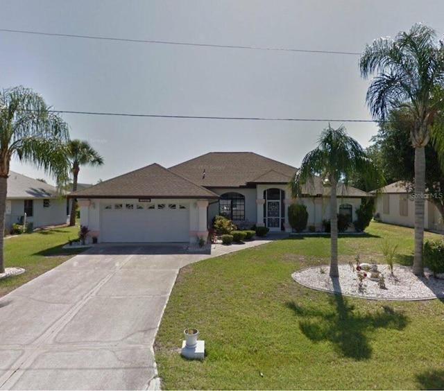 single story home with a front yard and a garage