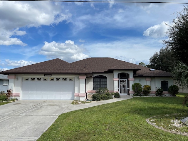 single story home with a front yard and a garage