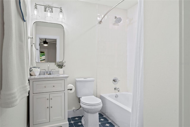 full bathroom featuring toilet, ceiling fan, tile patterned floors, vanity, and shower / bathtub combination with curtain