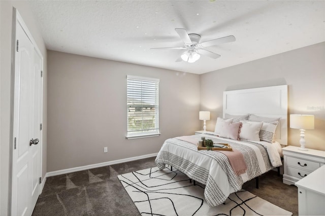 carpeted bedroom with a textured ceiling, a closet, and ceiling fan