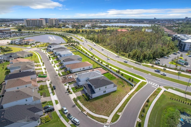 drone / aerial view featuring a water view