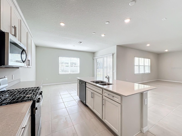 kitchen featuring sink, stainless steel appliances, a wealth of natural light, and a center island with sink