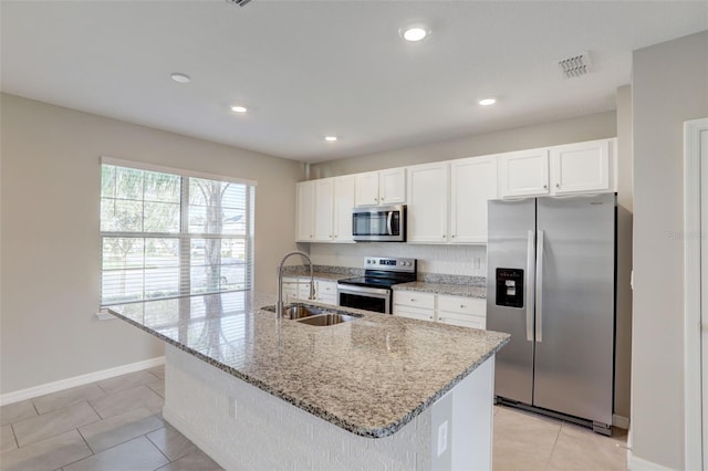 kitchen featuring a center island with sink, sink, white cabinetry, and stainless steel appliances