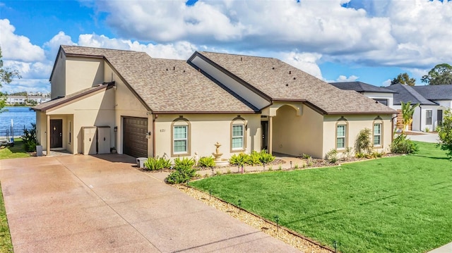 view of front of home featuring a front lawn and a garage