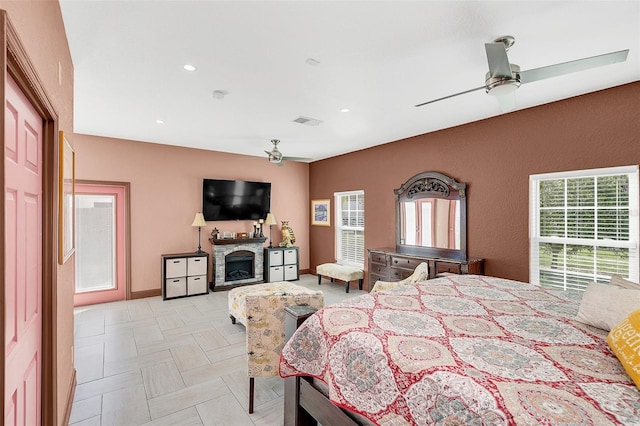 bedroom featuring light parquet flooring and ceiling fan