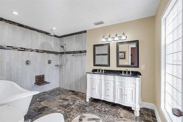 bathroom featuring vanity, plenty of natural light, and plus walk in shower