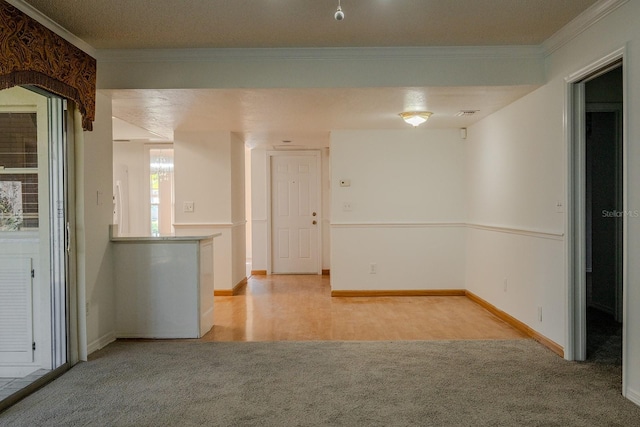 empty room featuring crown molding and light colored carpet