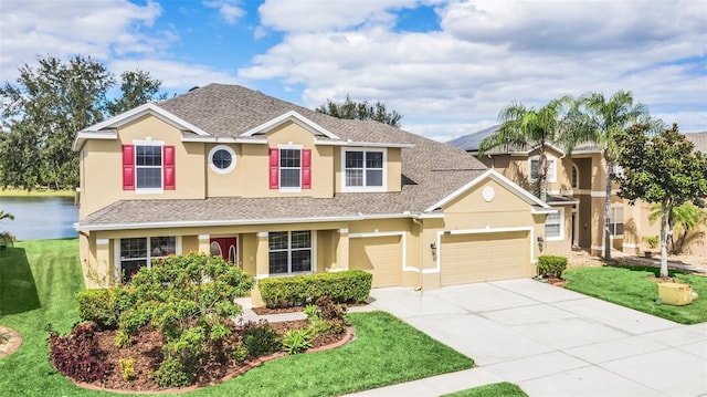 view of front of house with a front yard and a garage