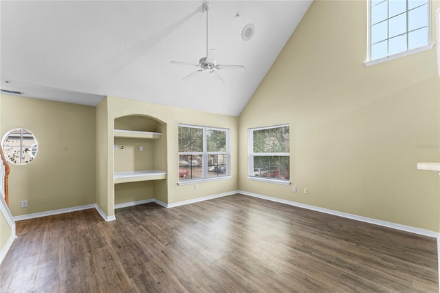 unfurnished living room featuring ceiling fan, baseboards, built in features, wood finished floors, and high vaulted ceiling