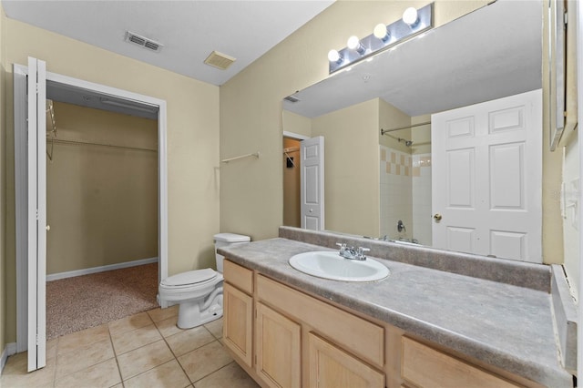 full bathroom with tile patterned flooring, visible vents, a spacious closet, walk in shower, and toilet